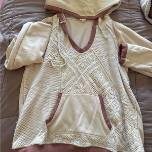 Cream Crochet & Mesh Hoodie with brown Trim